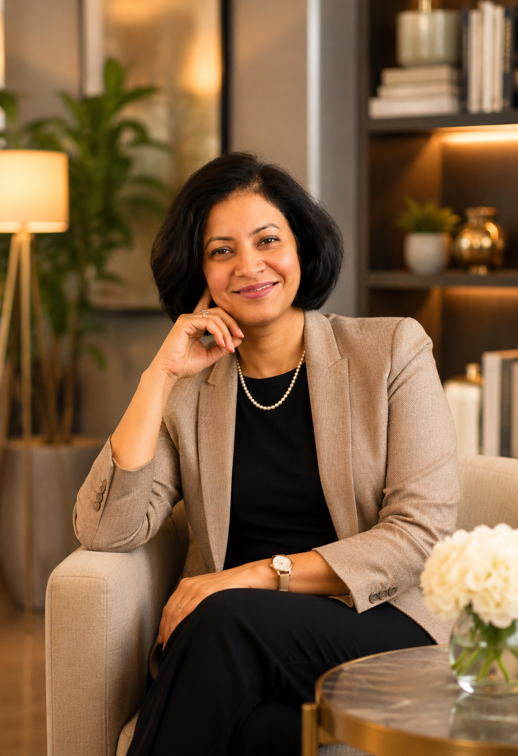 Pooja smiling, seated in a warm lit office